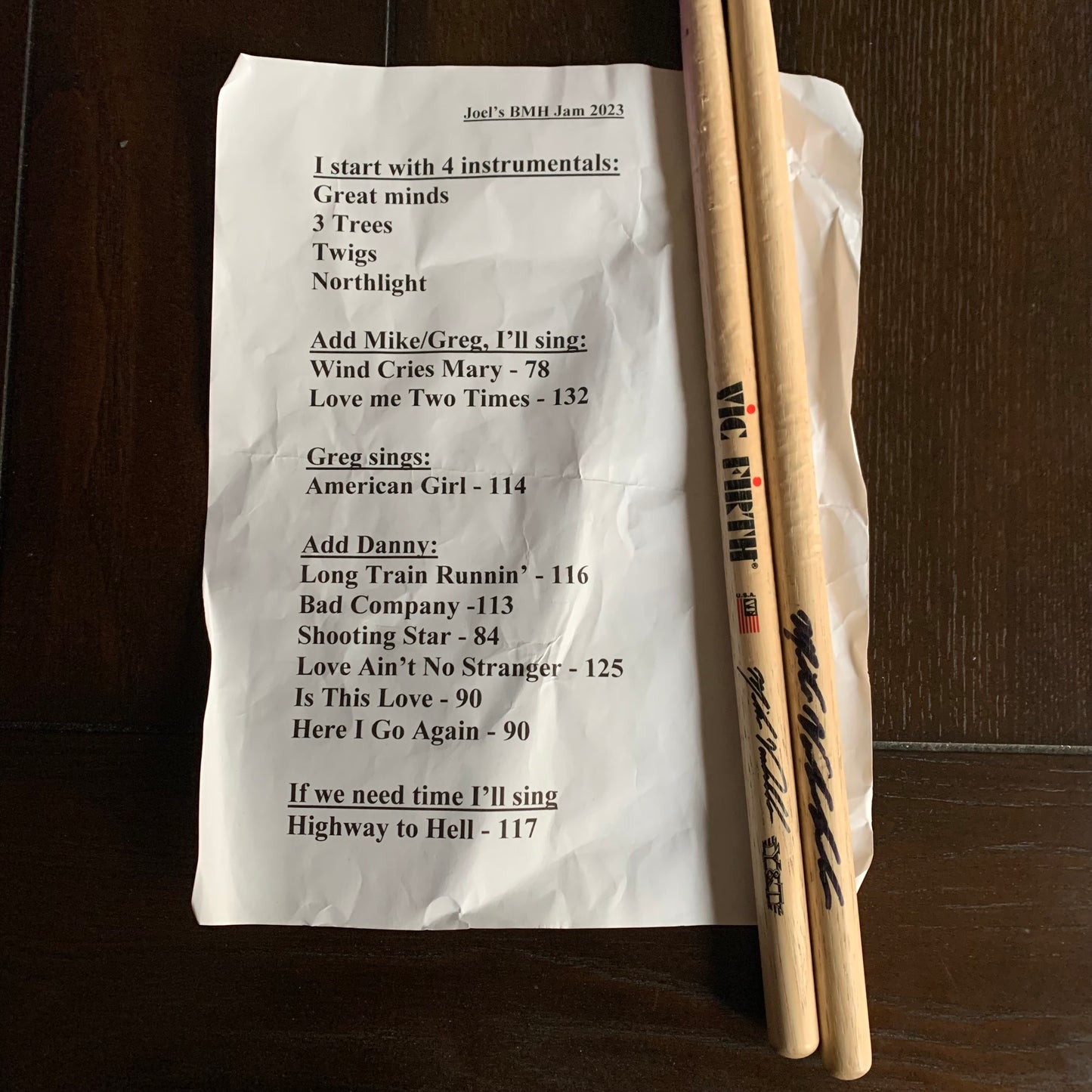 Autographed Sticks and Set List from Joel Hoekstra's Set on Monsters of Rock Cruise