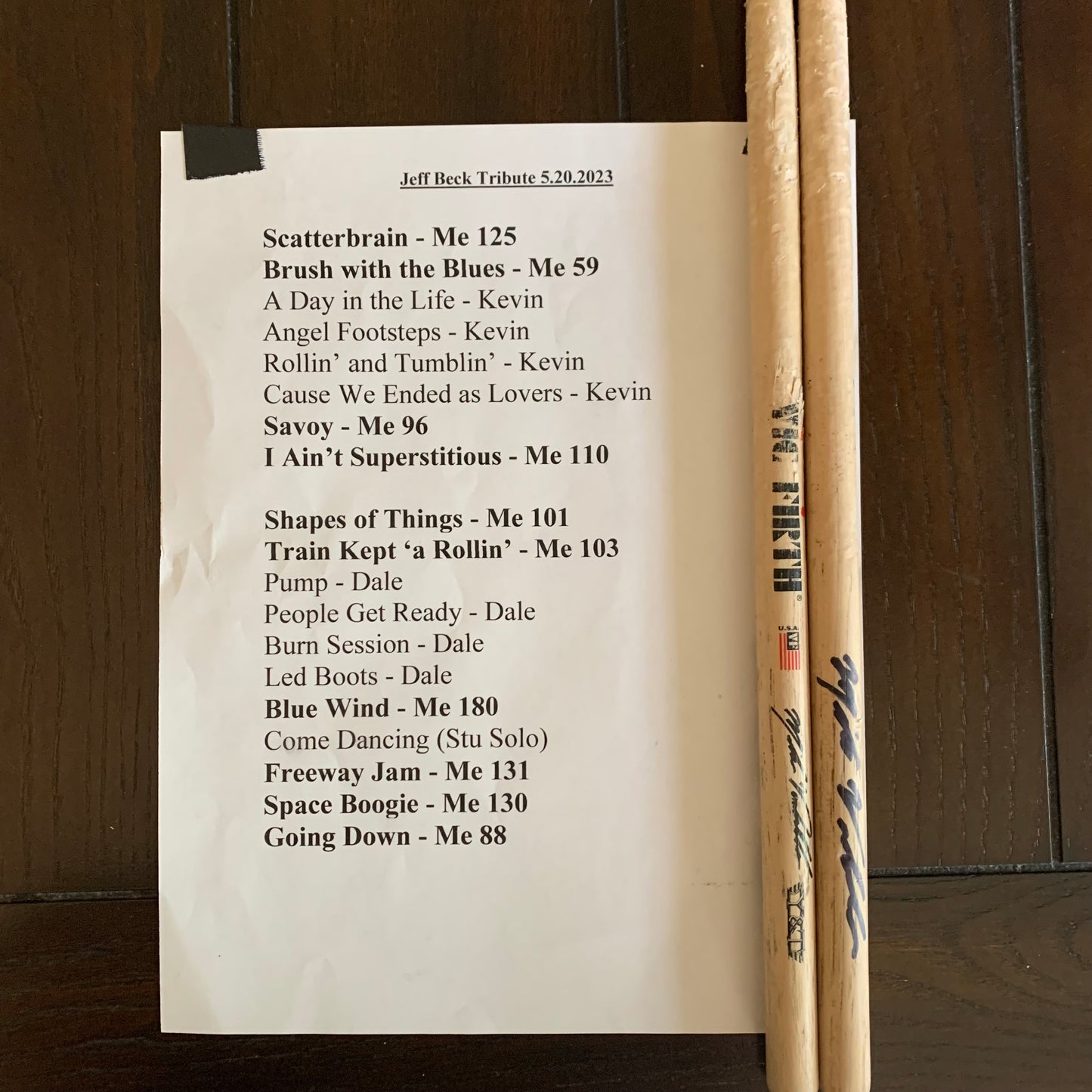 Autographed Sticks and Set List from Jeff Beck Tribute Concert 5/20/2023