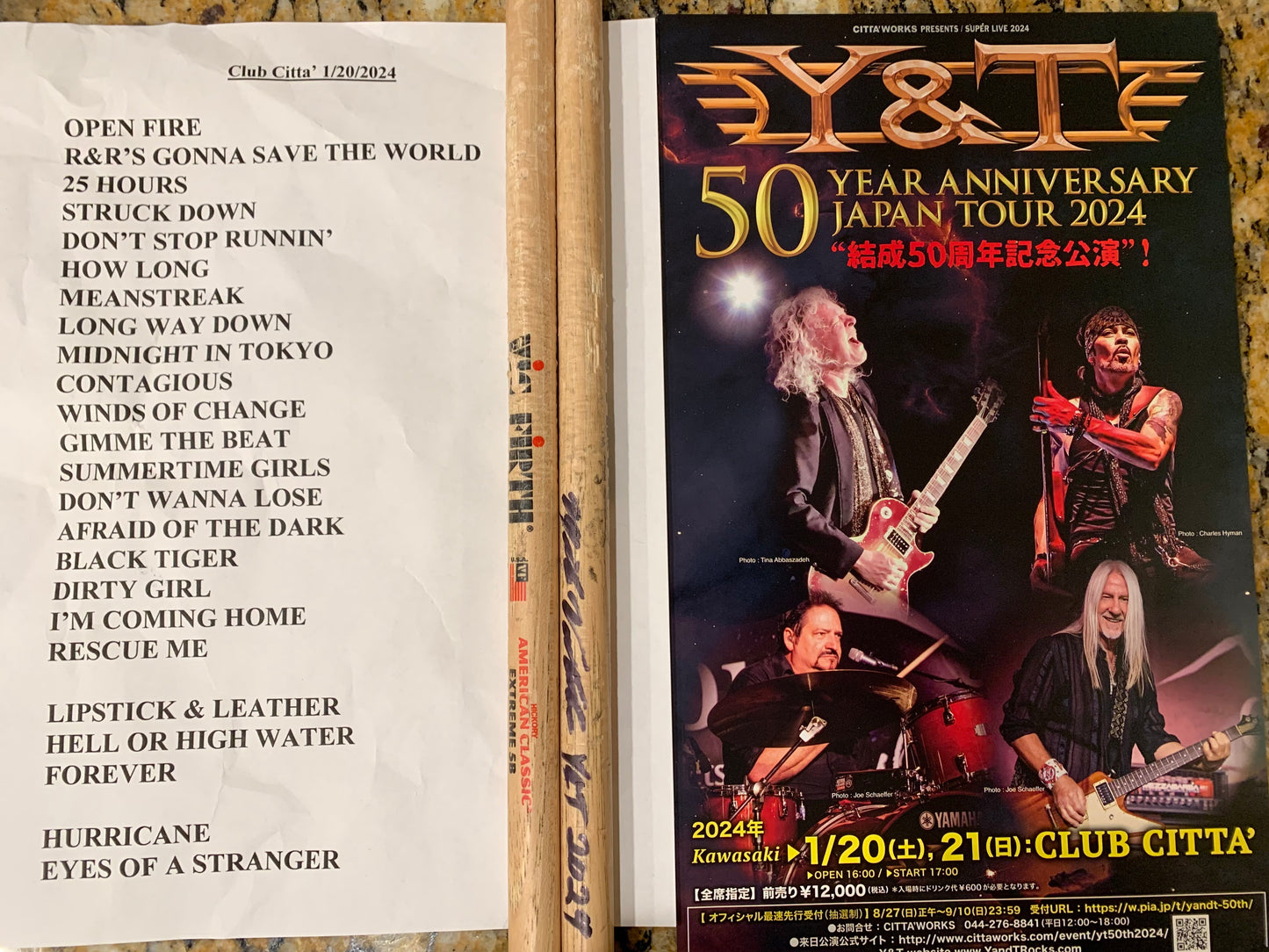 Autographed Sticks, Set List and Poster from Y&T's Night 1 at Club Citta' in Kawasaki, Kanagawa, Japan
