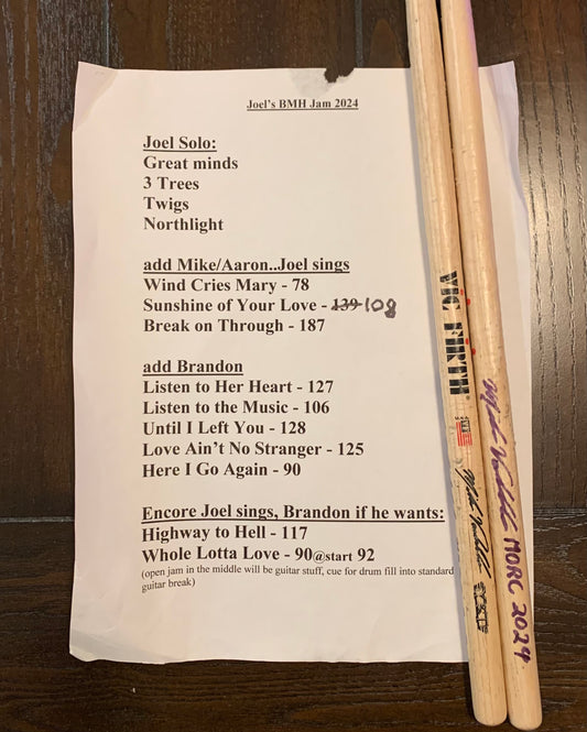 Autographed Sticks and Set List from Joel Hoekstra's Set on Monsters of Rock Cruise 2024