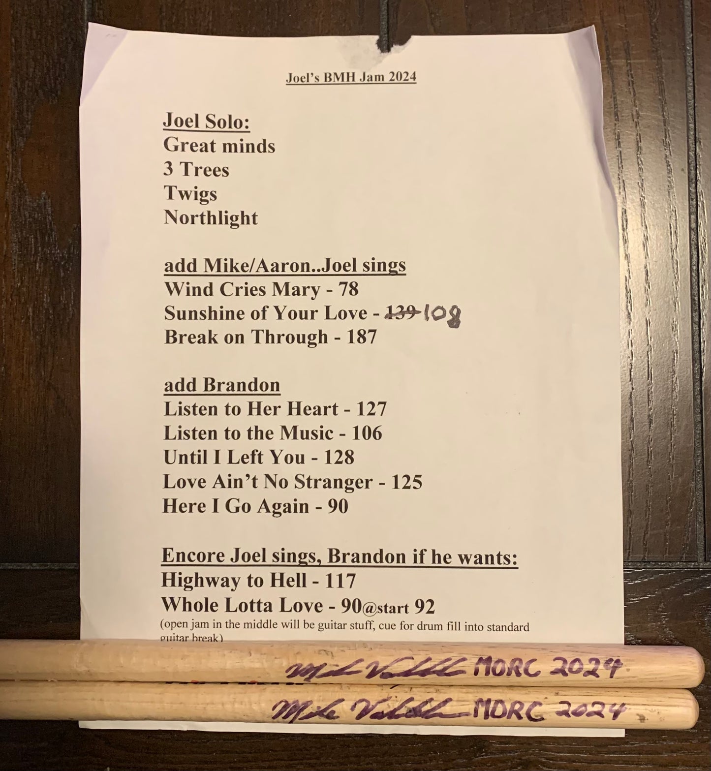 Autographed Sticks and Set List from Joel Hoekstra's Set on Monsters of Rock Cruise 2024