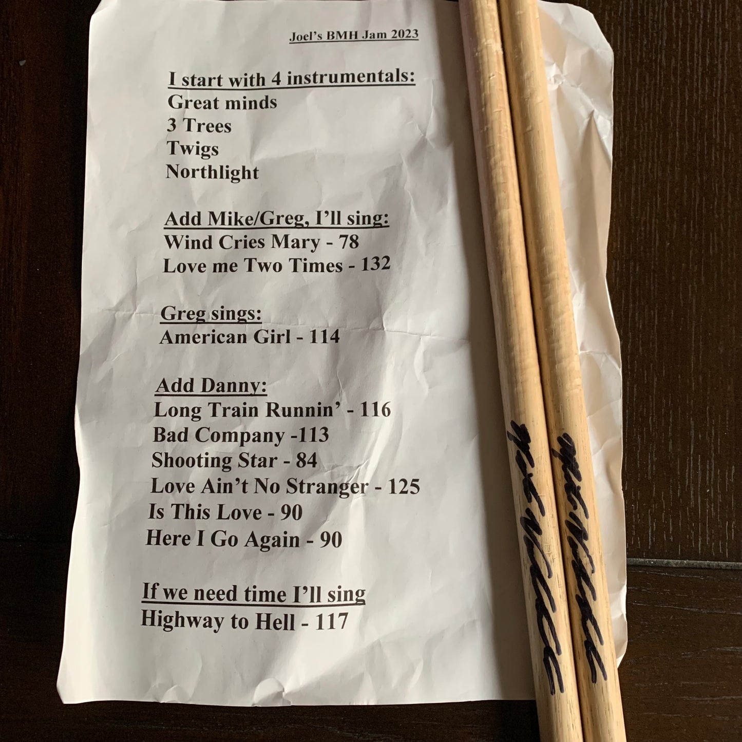 Autographed Sticks and Set List from Joel Hoekstra's Set on Monsters of Rock Cruise