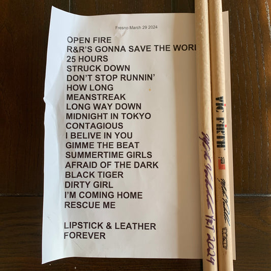 Autographed Sticks and Set List from Y&T's Show at Warnors Theatre in Fresno, CA Friday, March 29